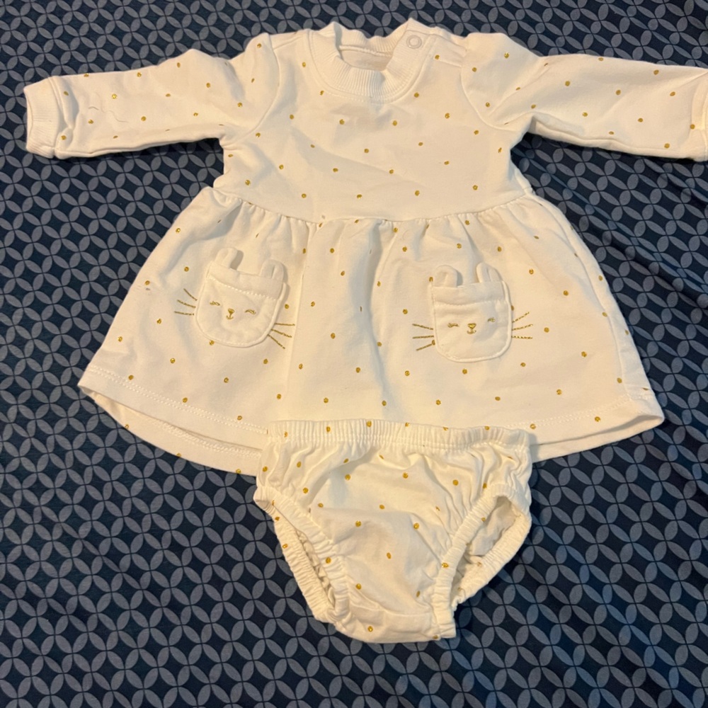 White Baby Dress with Cat Design
